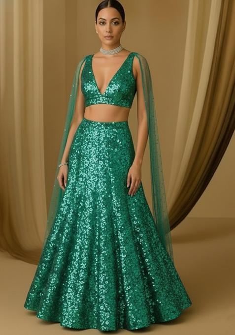 Blue Sequin Net Lehenga Set