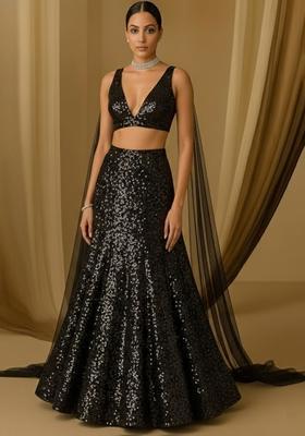 Black Sequin Net Lehenga Set