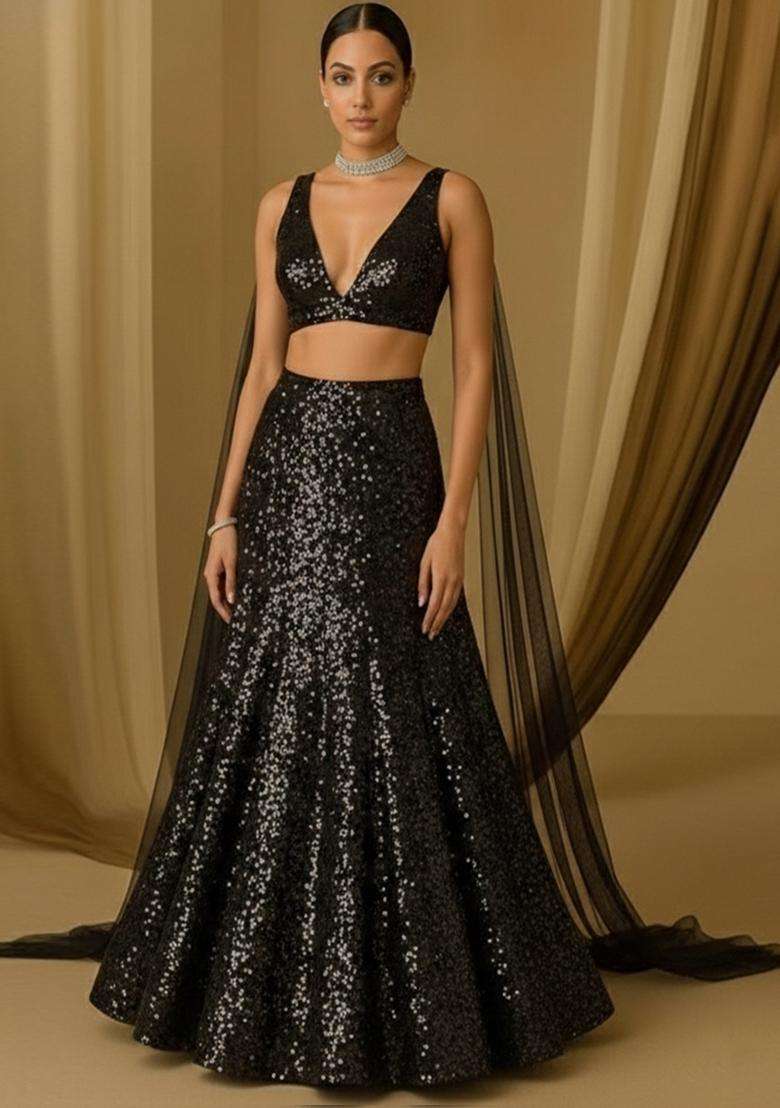 Black Sequin Net Lehenga Set for Diwali and Festive Wear - Indya