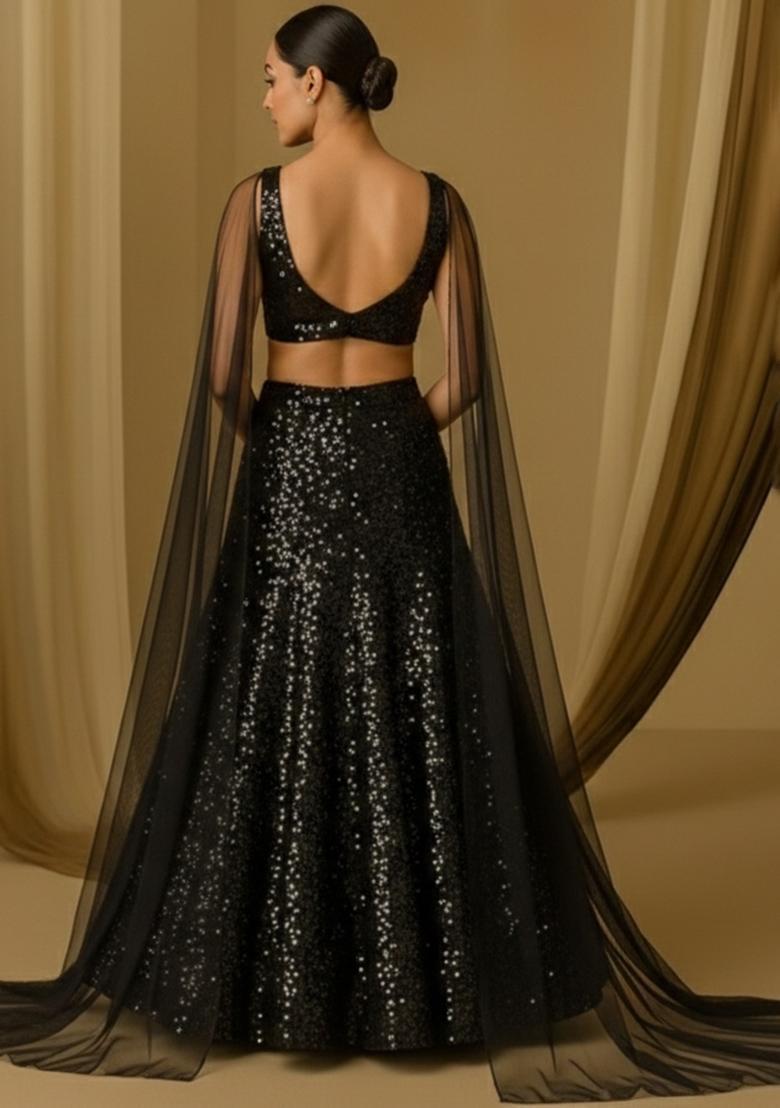 Black Sequin Net Lehenga Set - Indya