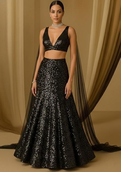 Black Sequin Net Lehenga Set