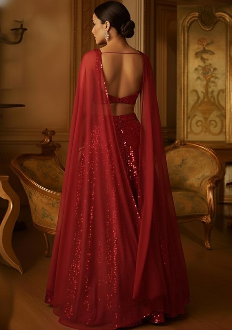 Red Sequin Net Lehenga Set - Indya