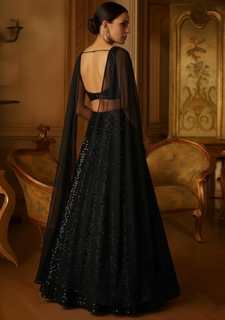 Black Sequin Net Lehenga Set - Indya