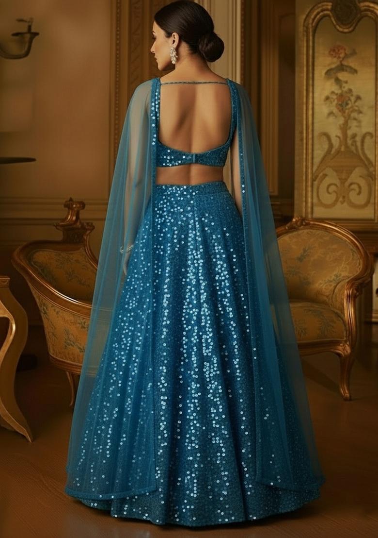 Blue Sequin Net Lehenga Set - Indya