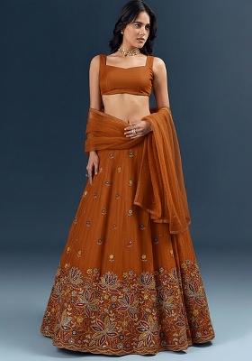 Rust Orange Crepe Embroidered Lehenga Set