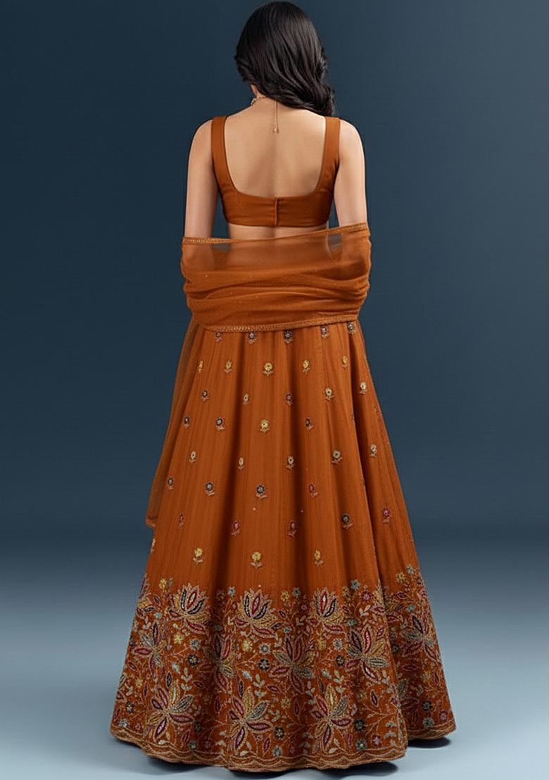 Rust Orange Crepe Embroidered Lehenga Set - Indya
