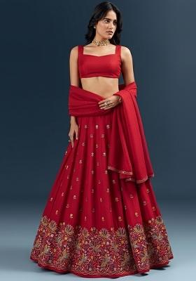 Red Crepe Embroidered Lehenga Set
