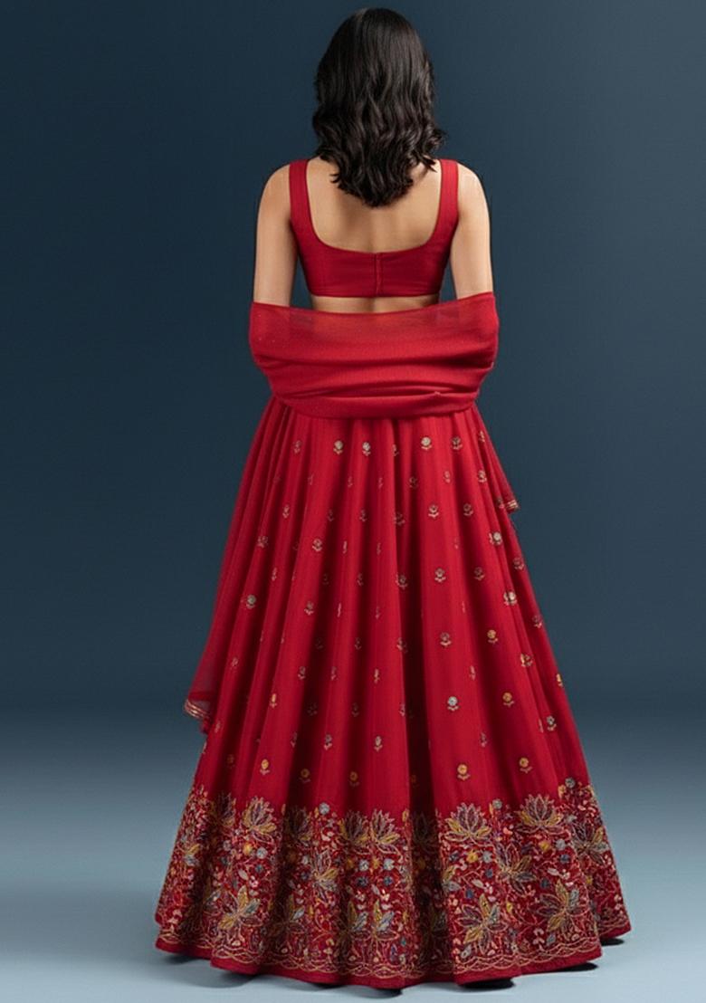 Red Crepe Embroidered Lehenga Set - Indya
