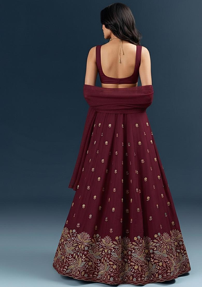 Maroon Crepe Embroidered Lehenga Set - Indya