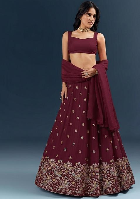 Maroon Crepe Embroidered Lehenga Set