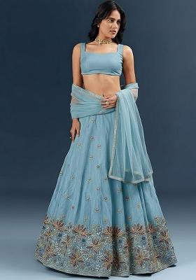 Sky Blue Crepe Embroidered Lehenga Set