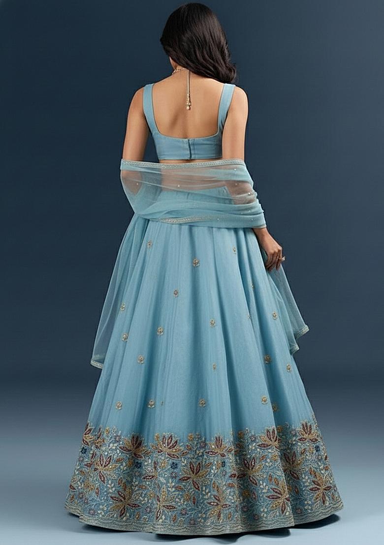 Sky Blue Crepe Embroidered Lehenga Set - Indya