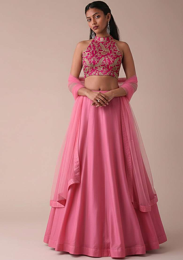 Pink Silk Lehenga Set With Embroidered Blouse for Diwali and Festive Wear - Indya