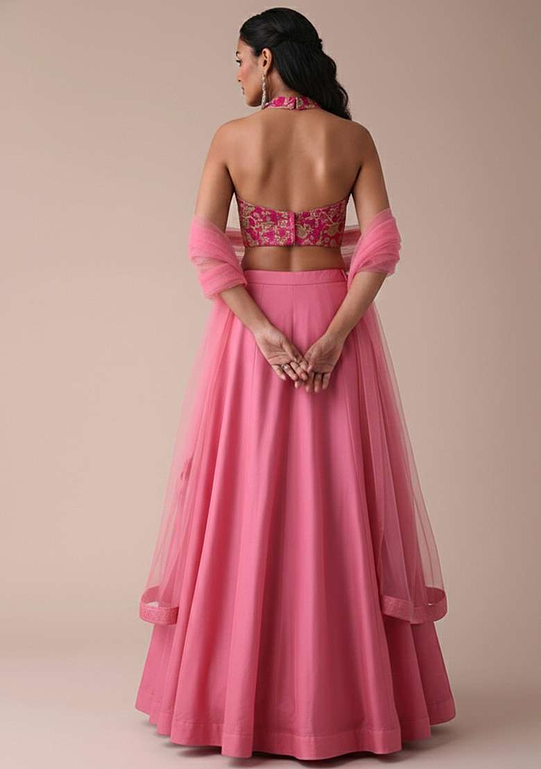 Pink Silk Lehenga Set With Embroidered Blouse for Diwali and Festive Wear - Indya