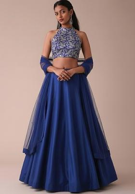 Navy Blue Silk Lehenga Set With Embroidered Blouse