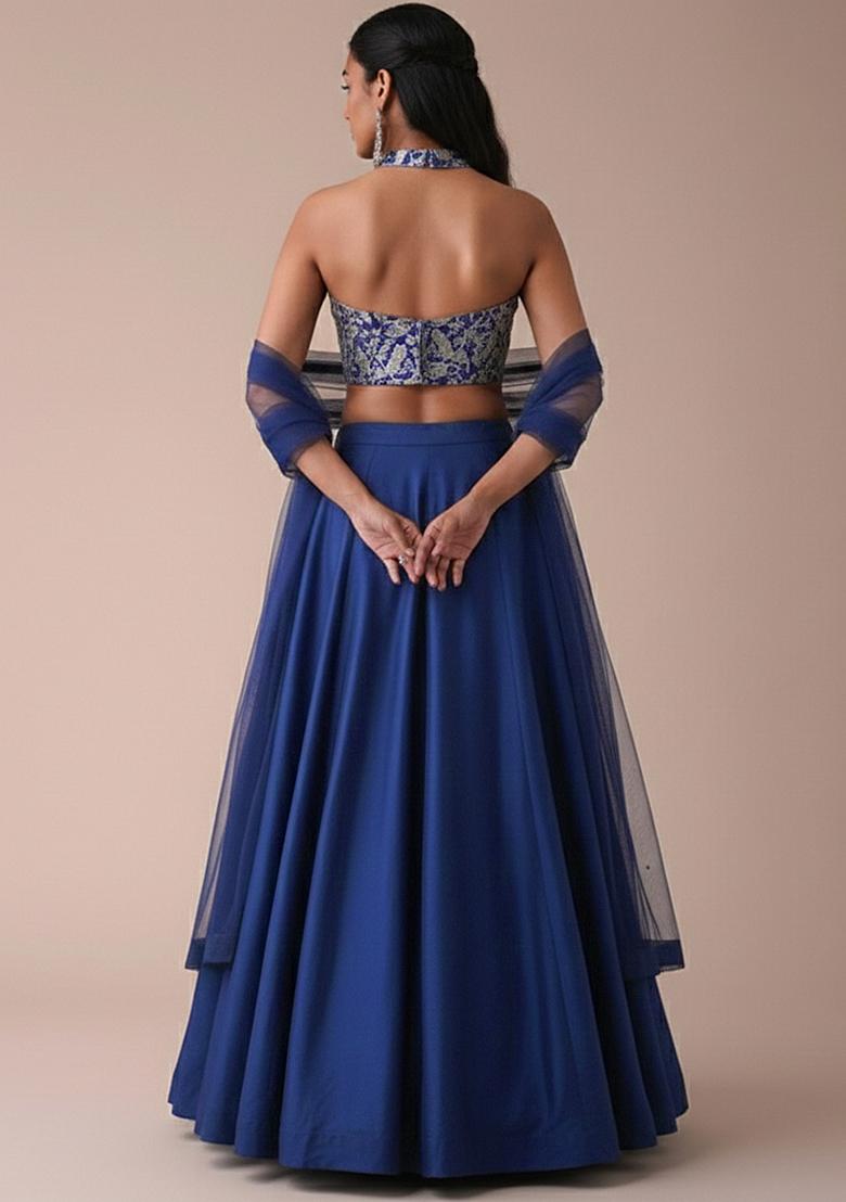 Navy Blue Silk Lehenga Set With Embroidered Blouse - Indya