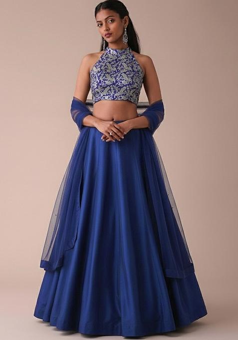 Navy Blue Silk Blend Lehenga Set With Embroidered Blouse