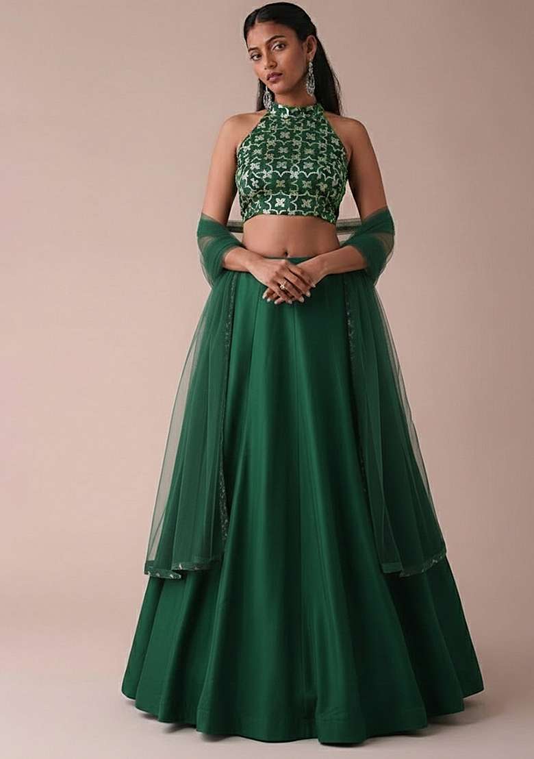 Green With Blouse Silk Blend Lehenga Set with Embroidered for Diwali | Wedding & Festive Wear - Indya
