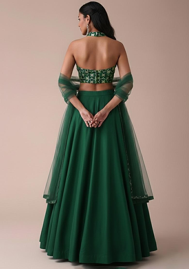 Green Silk Lehenga Set With Embroidered Blouse - Indya
