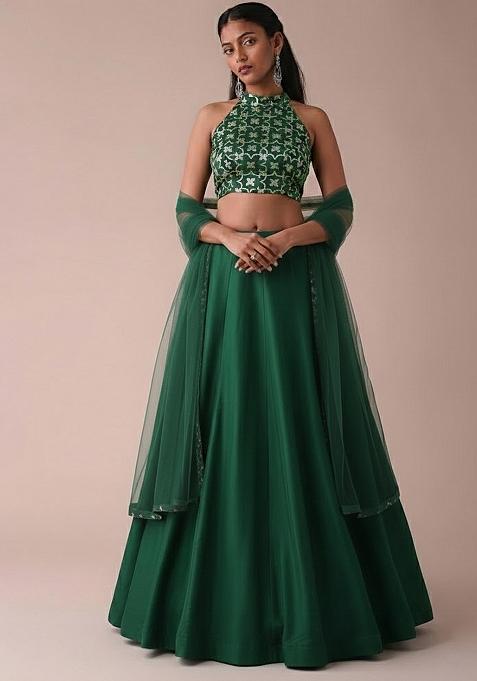 Green Silk Lehenga Set With Embroidered Blouse — view on Indya