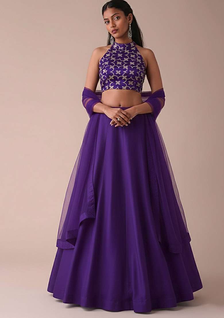 Royal Purple Silk With Blouse Lehenga Set with Embroidered for Diwali | Wedding & Festive Wear - Indya