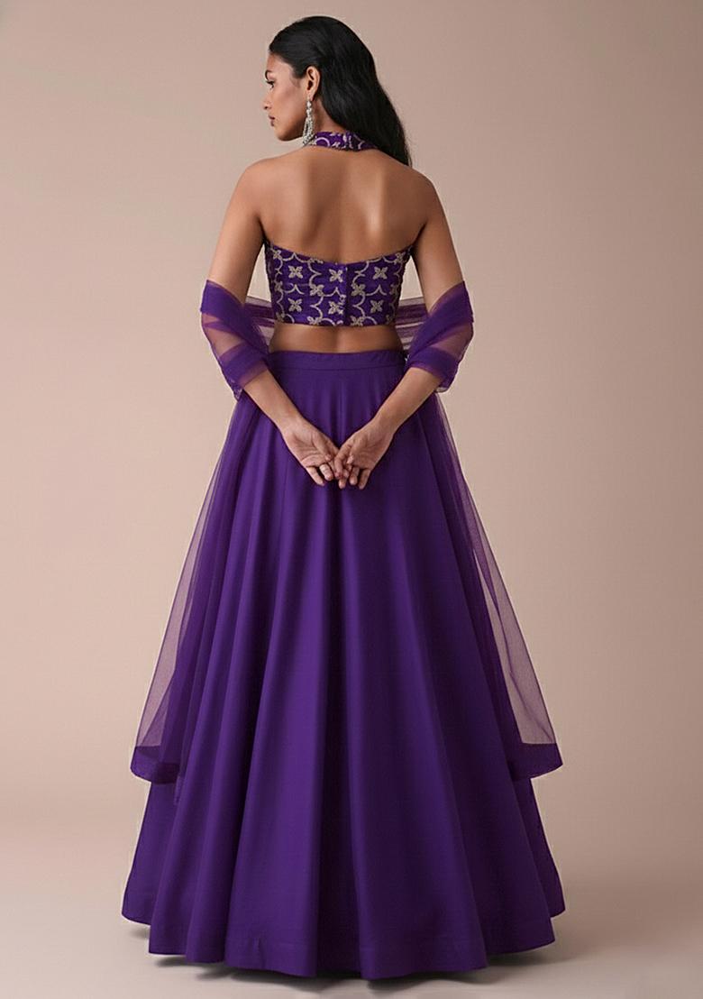 Royal Purple Silk Lehenga Set With Embroidered Blouse - Indya