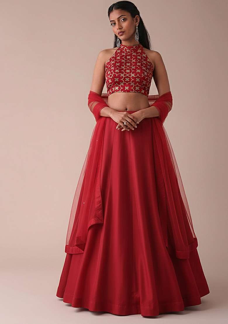 Red Silk Lehenga Set With Embroidered Blouse for Diwali and Festive Wear - Indya