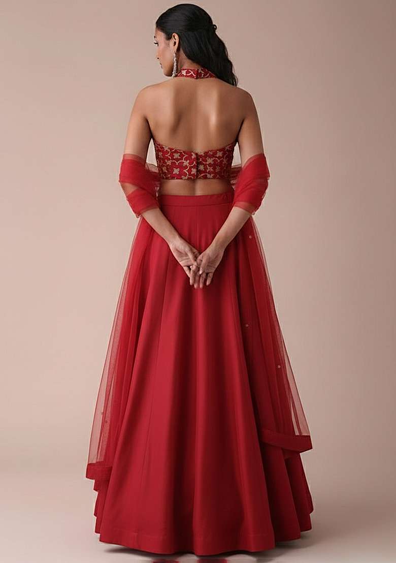 Red Silk Lehenga Set With Embroidered Blouse for Diwali and Festive Wear - Indya