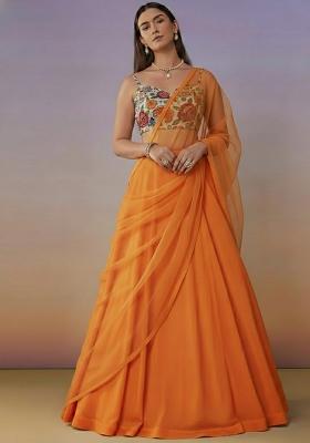 Orange Crepe Lehenga Set With Embroidered Blouse