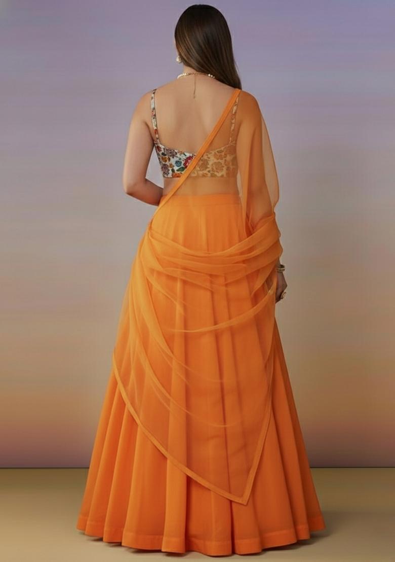 Orange Crepe Lehenga Set With Embroidered Blouse - Indya