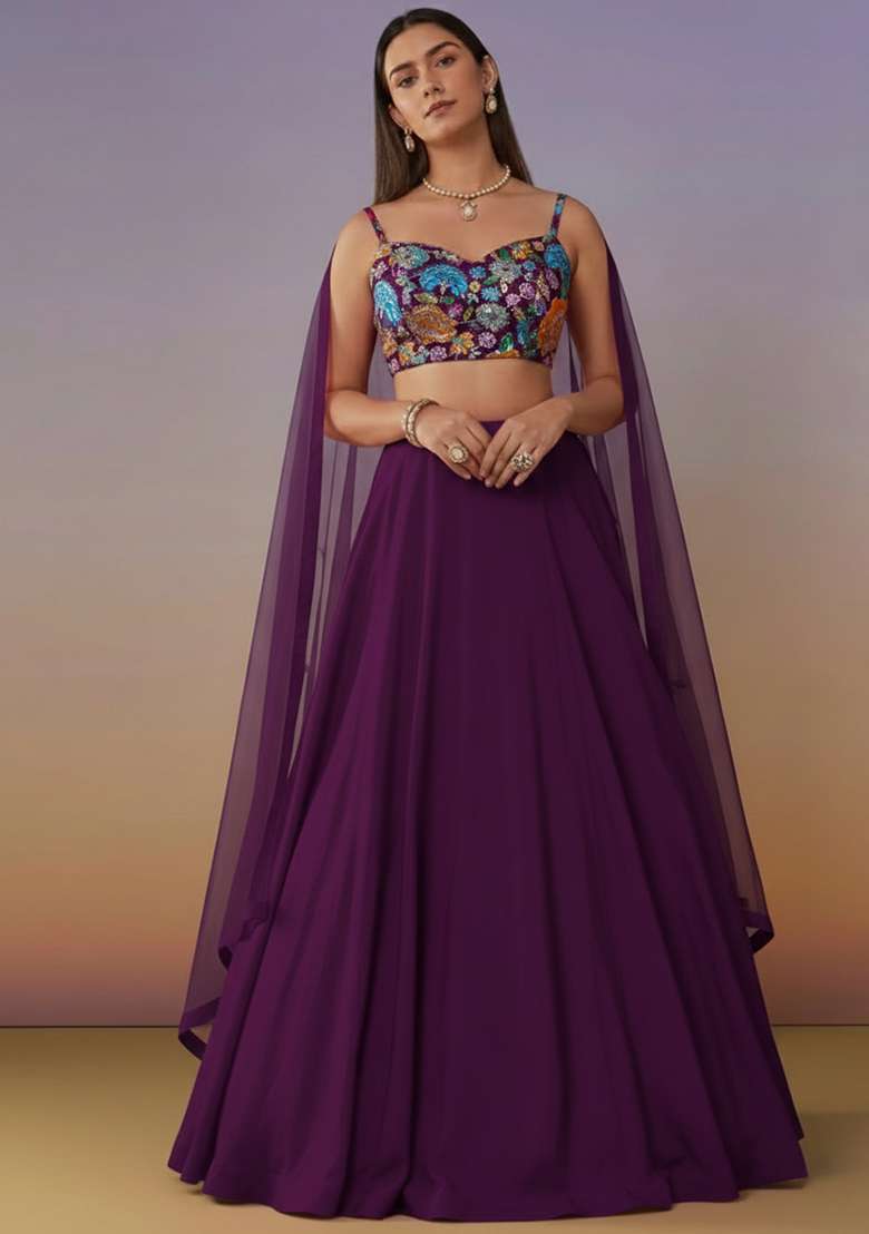 Purple Crepe Lehenga Set With Embroidered Blouse - Indya