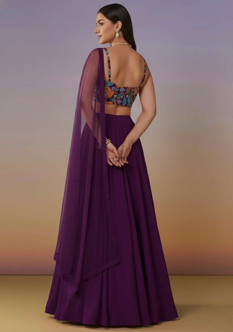 Purple Crepe Lehenga Set With Embroidered Blouse - Indya