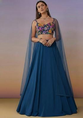 Teal Blue Crepe Lehenga Set With Embroidered Blouse