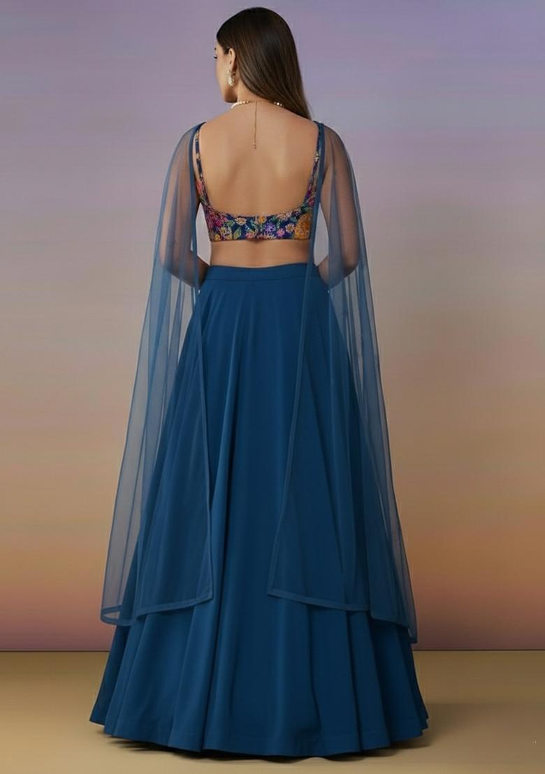 Teal Blue Crepe Lehenga Set With Embroidered Blouse - Indya