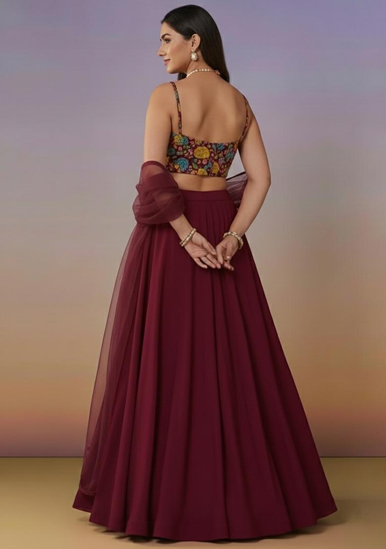 Burgundy Crepe Lehenga Set With Embroidered Blouse - Indya