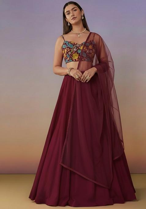 Burgundy Crepe Lehenga Set With Embroidered Blouse