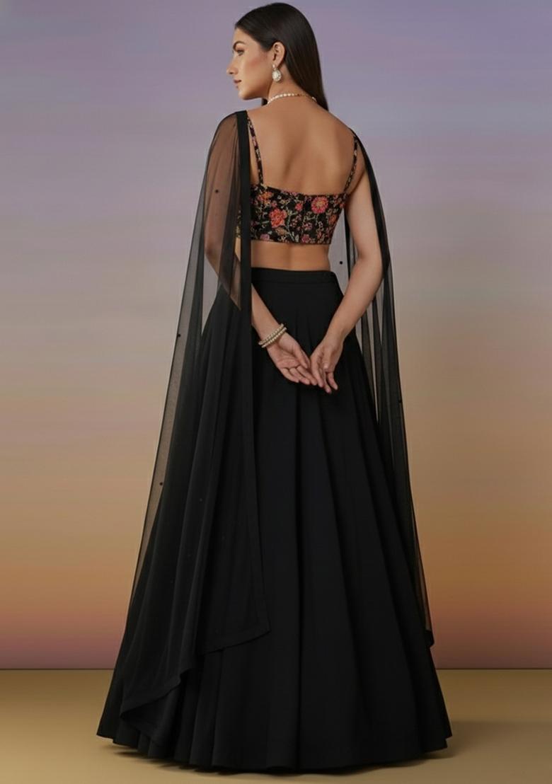 Black Organza Lehenga Set With Embroidered Blouse - Indya
