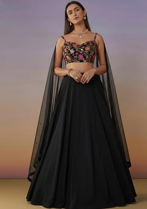 Black Organza Lehenga Set With Embroidered Blouse