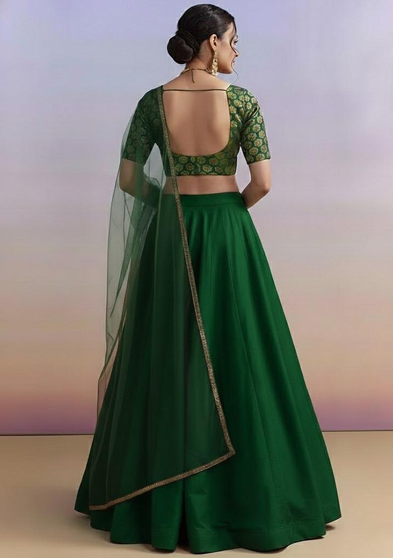 Green Brocade Lehenga Set With Embroidered Blouse - Indya