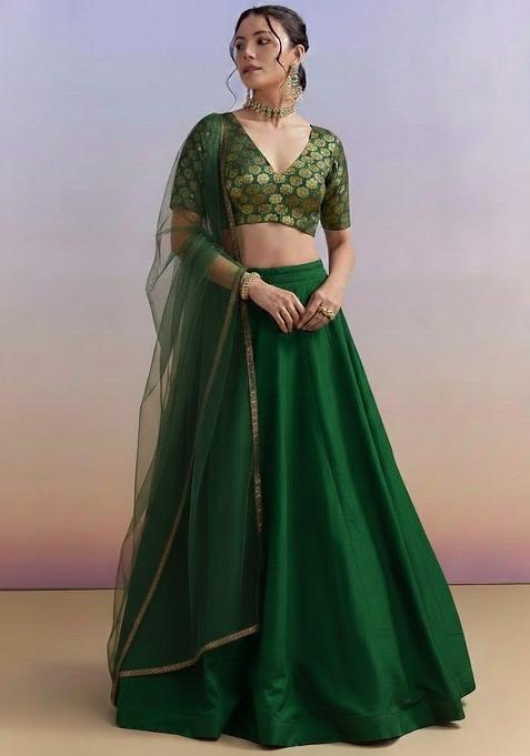 Green Brocade Lehenga Set With Embroidered Blouse