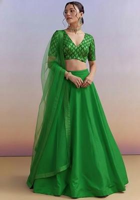 Leaf Green Brocade Lehenga Set With Embroidered Blouse