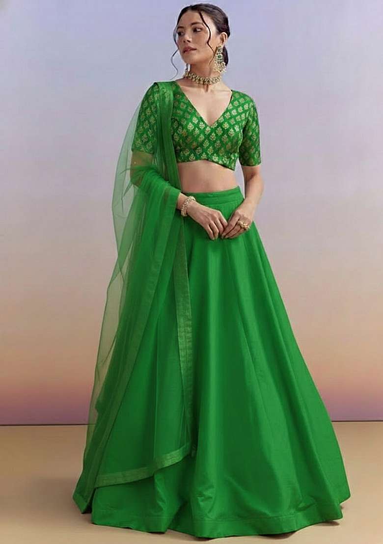 Leaf Green Brocade Lehenga Set With Embroidered Blouse for Diwali and Festive Wear - Indya