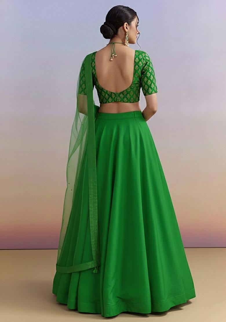 Leaf Green Brocade Lehenga Set With Embroidered Blouse - Indya