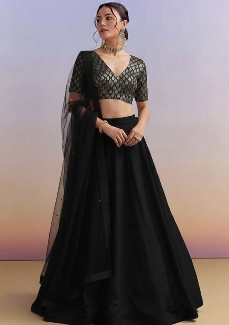 Black With Blouse Brocade Lehenga Set with Embroidered for Diwali | Wedding & Festive Wear - Indya