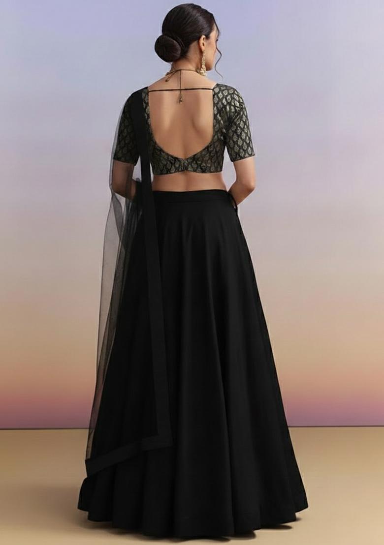 Black Brocade Lehenga Set With Embroidered Blouse - Indya
