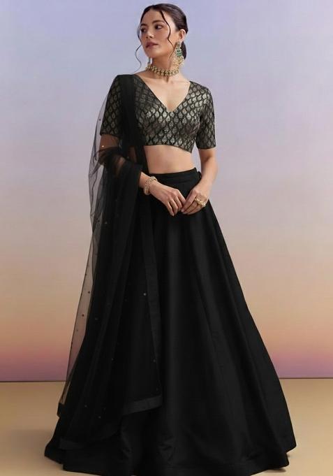 Black Brocade Lehenga Set With Embroidered Blouse