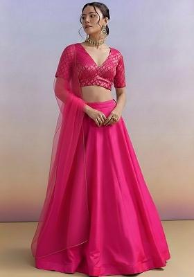 Pink Brocade Lehenga Set With Embroidered Blouse
