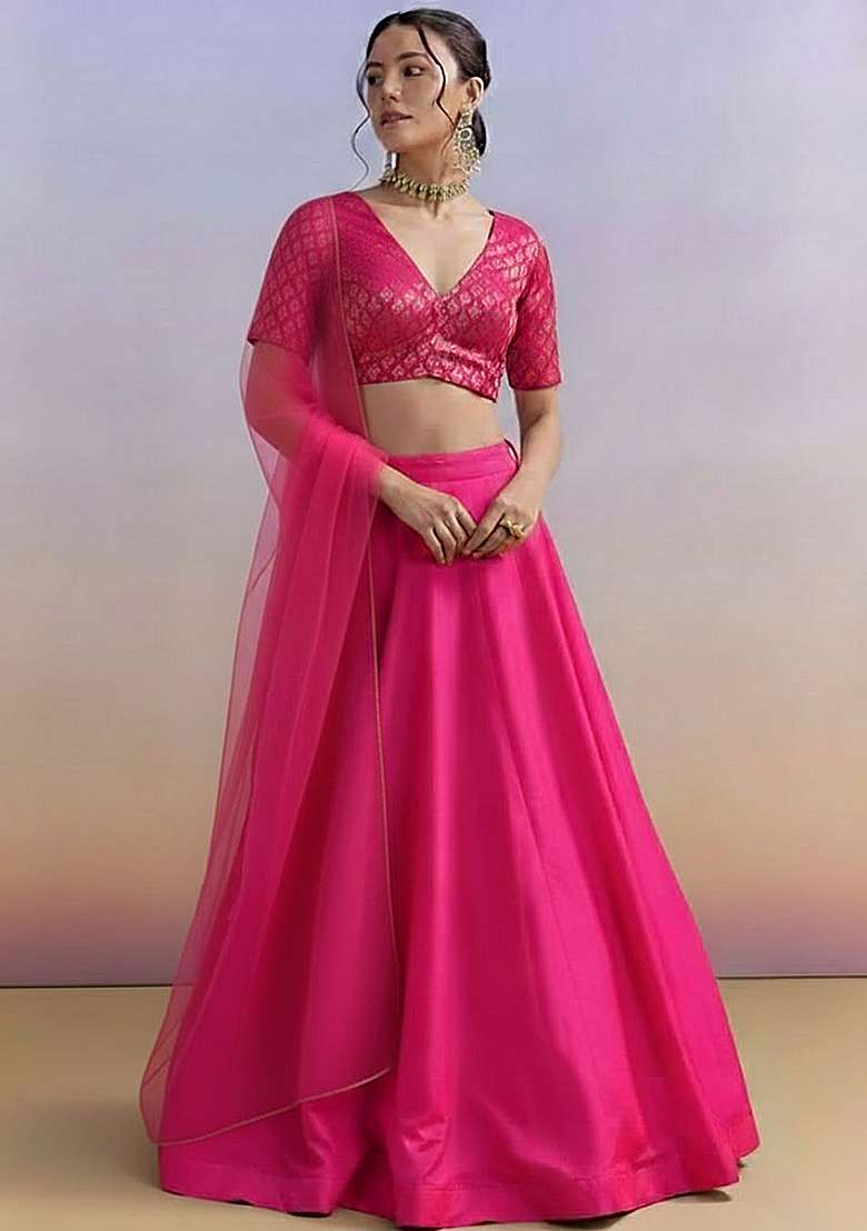 Pink With Blouse Brocade Lehenga Set with Embroidered for Diwali | Wedding & Festive Wear - Indya