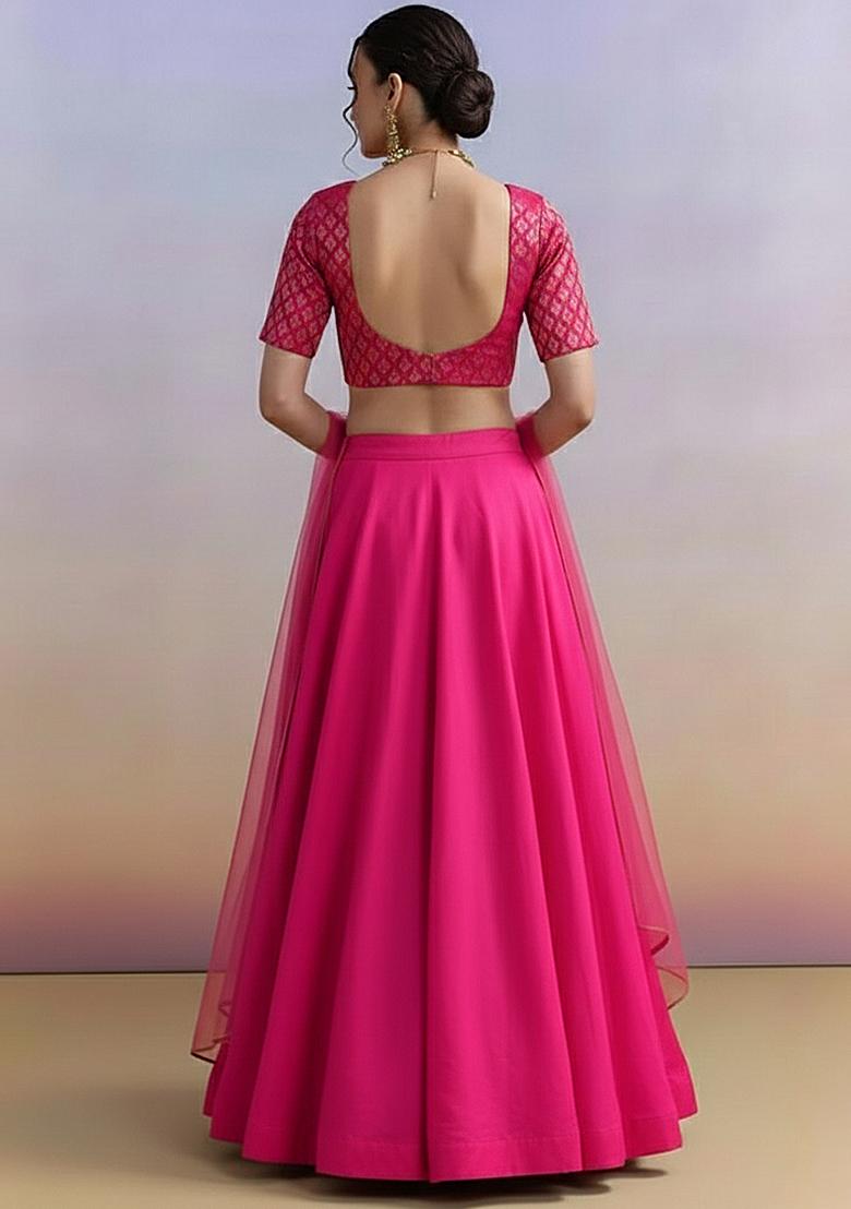Pink Brocade Lehenga Set With Embroidered Blouse - Indya