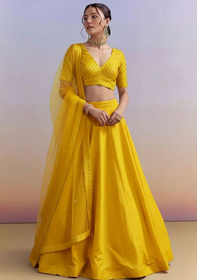 Yellow Brocade Lehenga Set With Embroidered Blouse - Indya